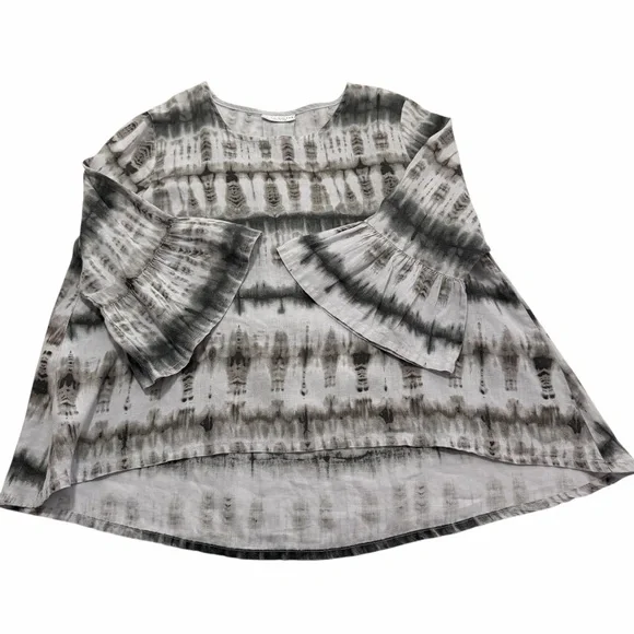 Bryn Walker Fran Gray Linen Bell Sleeve Tie Dye Tunic Top Blouse Size Large - Picture 5 of 12